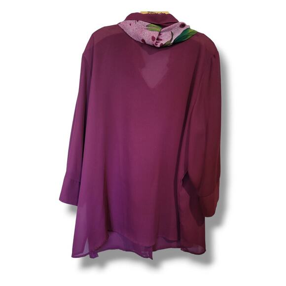 Dressbarn Women's Plus Size Plum Purple attached scarf button-down Blouse - Picture 2 of 8